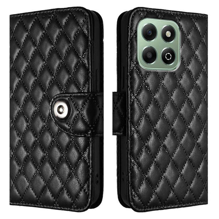 For Honor X6b Rhombic Texture Flip Leather Phone Case with Lanyard(Black)