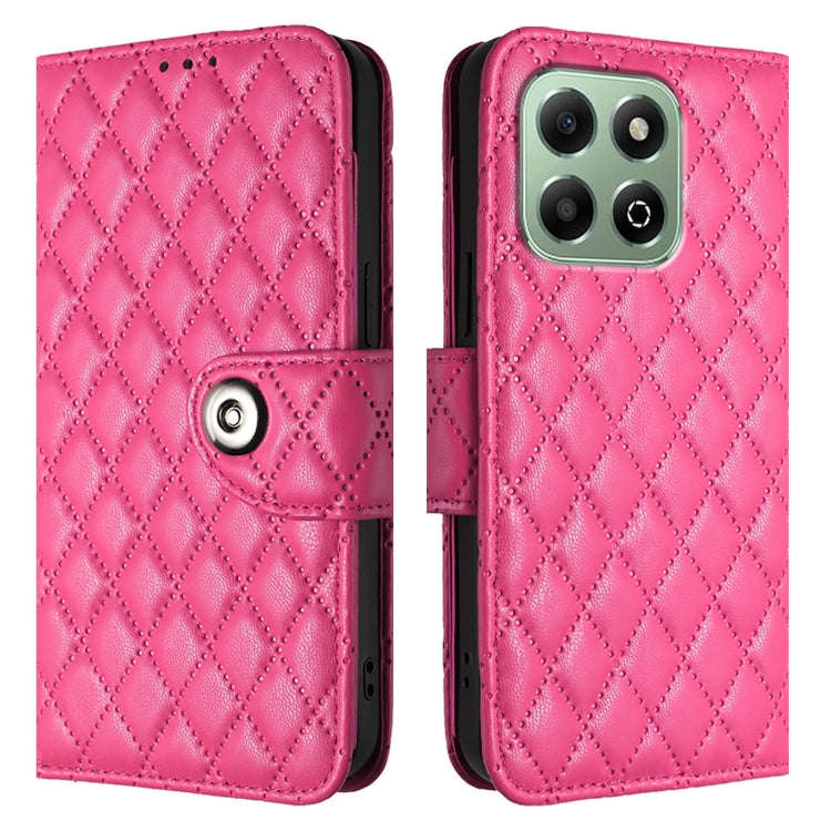 For Honor X6b Rhombic Texture Flip Leather Phone Case with Lanyard(Rose Red)