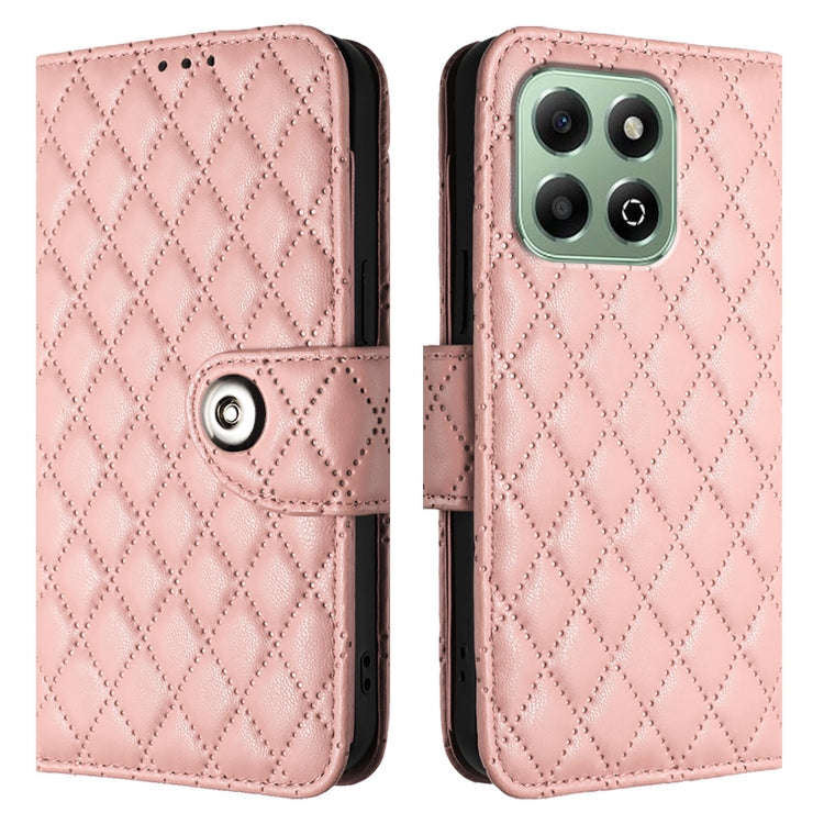For Honor X6b Rhombic Texture Flip Leather Phone Case with Lanyard(Coral Pink)