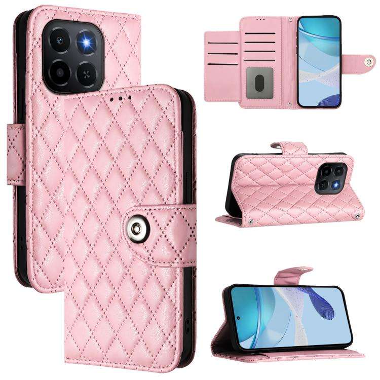 For Honor X6c 4G Rhombic Texture Flip Leather Phone Case with Lanyard(Pink)