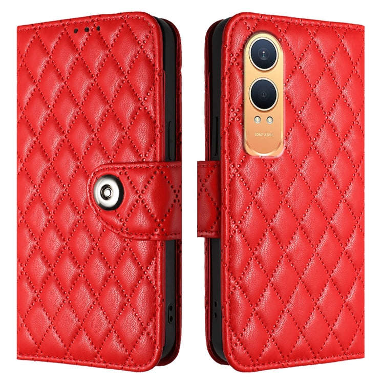For OnePlus Nord CE4 Lite Rhombic Texture Flip Leather Phone Case with Lanyard(Red)