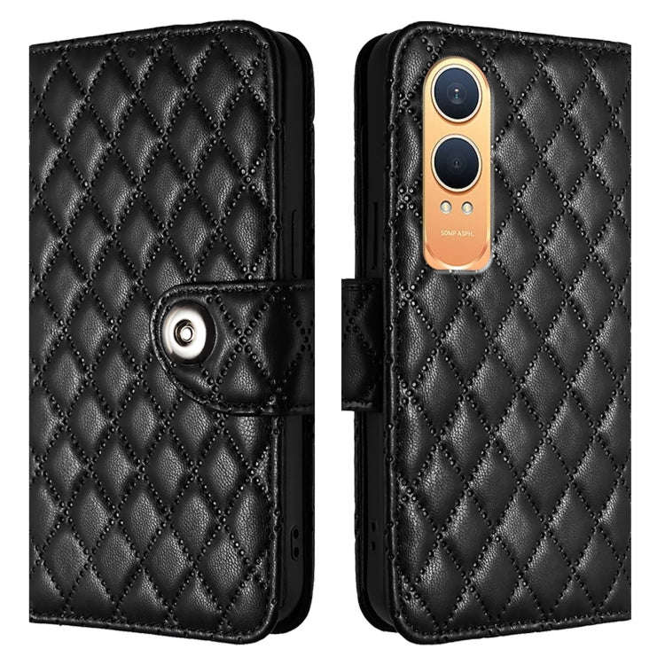 For OnePlus Nord CE4 Lite Rhombic Texture Flip Leather Phone Case with Lanyard(Black)