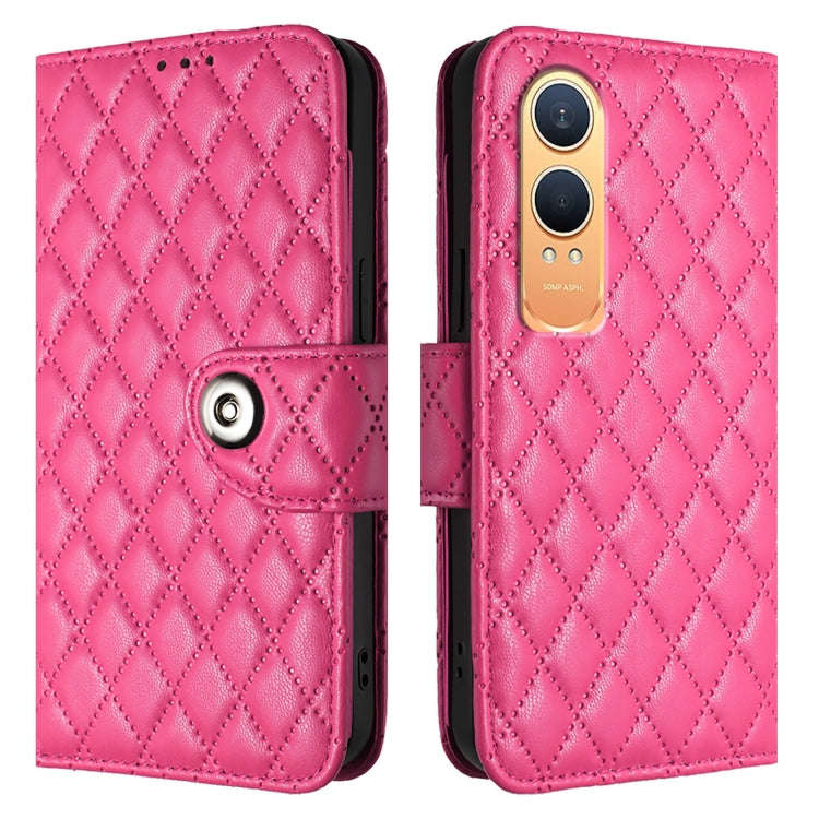 For OnePlus Nord CE4 Lite Rhombic Texture Flip Leather Phone Case with Lanyard(Rose Red)