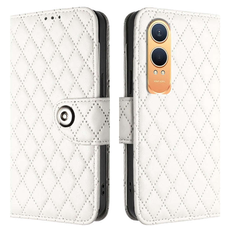 For OnePlus Nord CE4 Lite Rhombic Texture Flip Leather Phone Case with Lanyard(White)