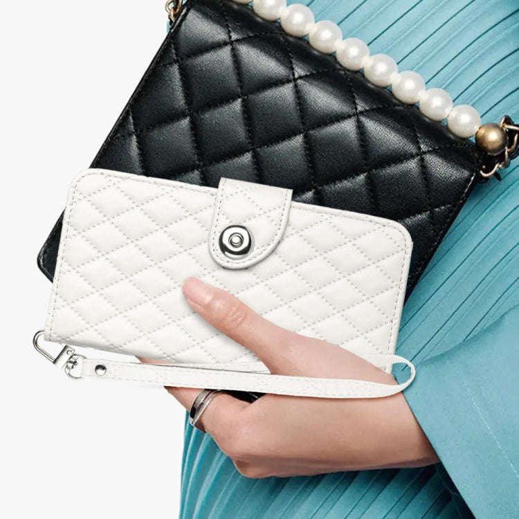 For OnePlus Nord CE4 Lite Rhombic Texture Flip Leather Phone Case with Lanyard(White)
