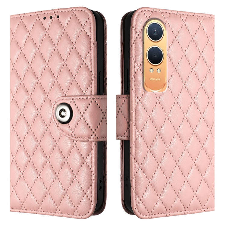 For OnePlus Nord CE4 Lite Rhombic Texture Flip Leather Phone Case with Lanyard(Coral Pink)