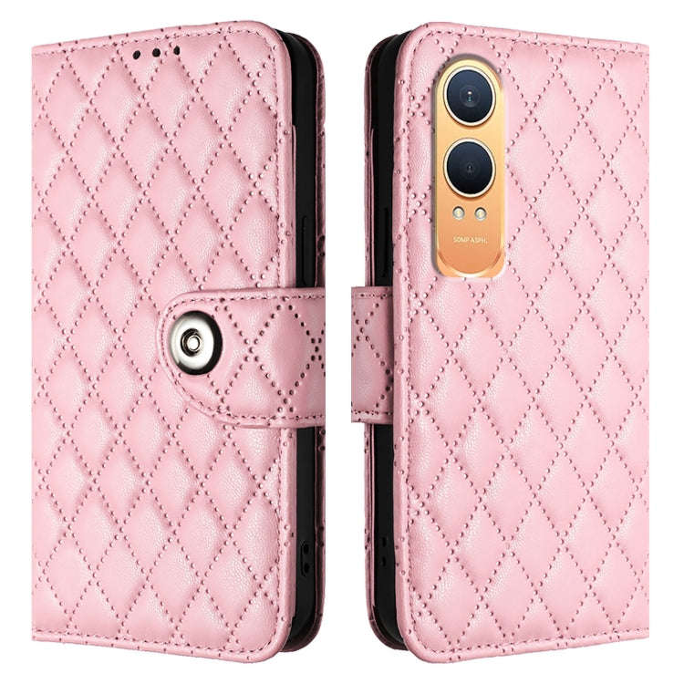 For OnePlus Nord CE4 Lite Rhombic Texture Flip Leather Phone Case with Lanyard(Pink)