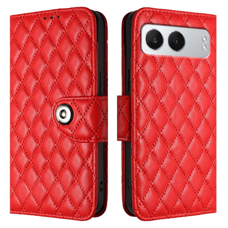For OnePlus Nord 4 5G Rhombic Texture Flip Leather Phone Case with Lanyard(Red)