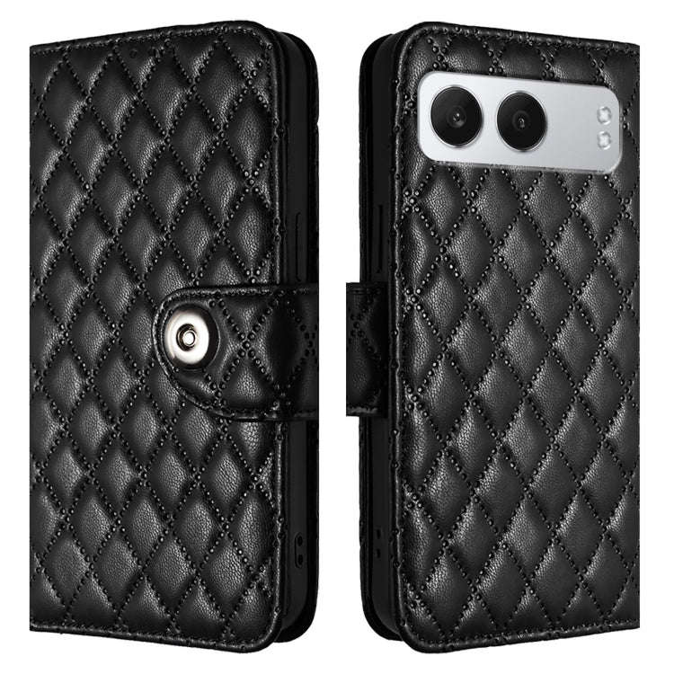 For OnePlus Nord 4 5G Rhombic Texture Flip Leather Phone Case with Lanyard(Black)