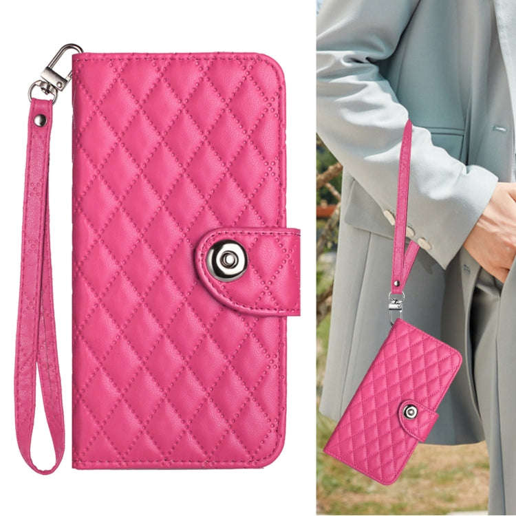 For OnePlus Nord 4 5G Rhombic Texture Flip Leather Phone Case with Lanyard(Rose Red)