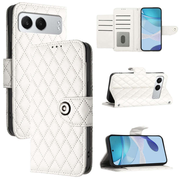 For OnePlus Nord 4 5G Rhombic Texture Flip Leather Phone Case with Lanyard(White)