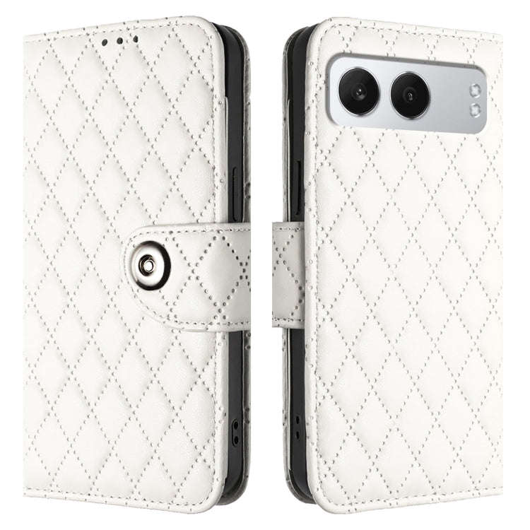 For OnePlus Nord 4 5G Rhombic Texture Flip Leather Phone Case with Lanyard(White)
