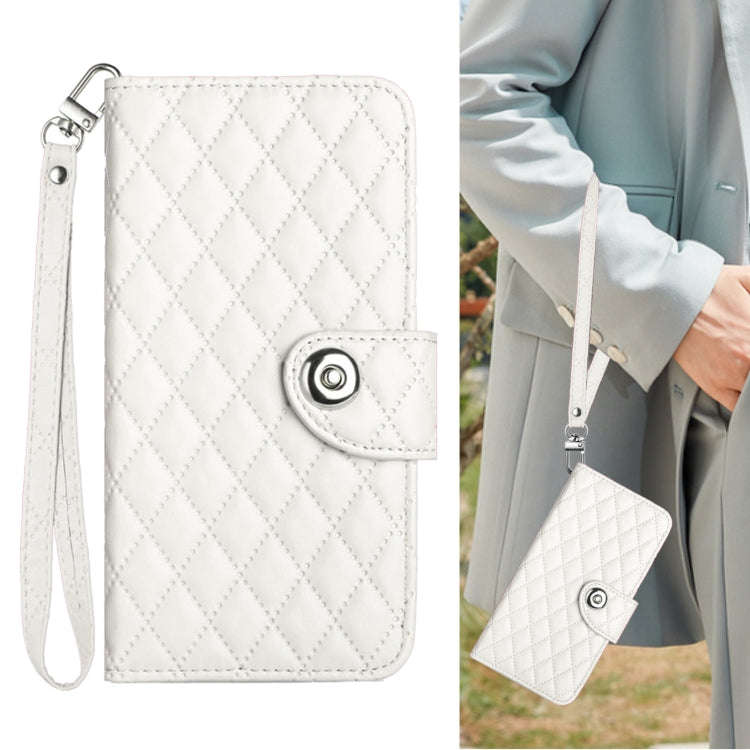 For OnePlus Nord 4 5G Rhombic Texture Flip Leather Phone Case with Lanyard(White)