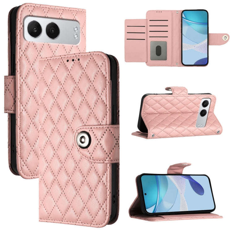 For OnePlus Nord 4 5G Rhombic Texture Flip Leather Phone Case with Lanyard(Coral Pink)