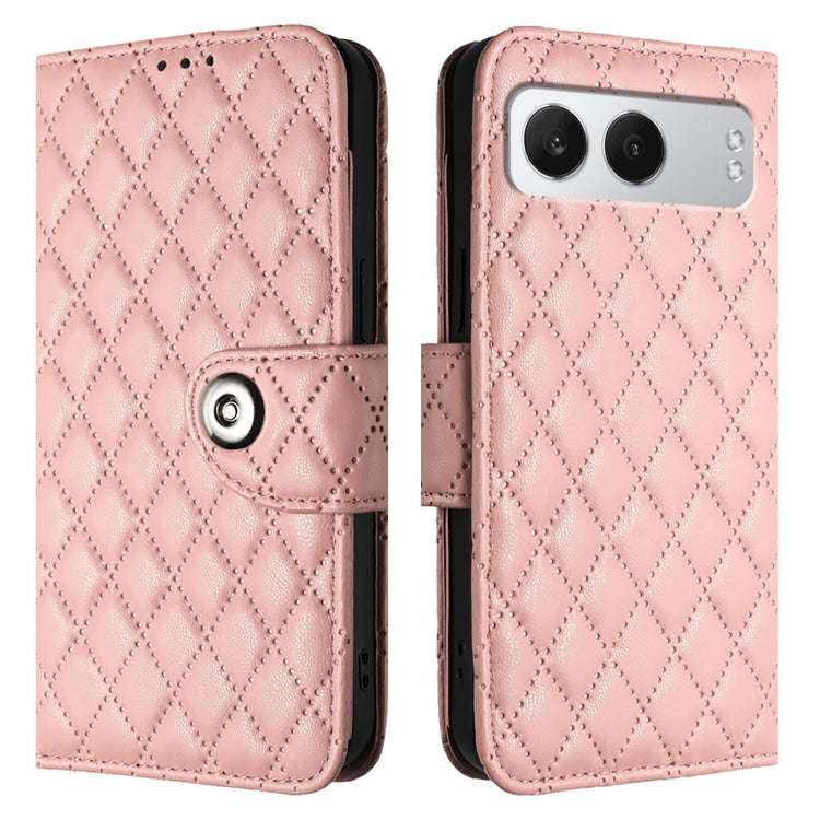For OnePlus Nord 4 5G Rhombic Texture Flip Leather Phone Case with Lanyard(Coral Pink)
