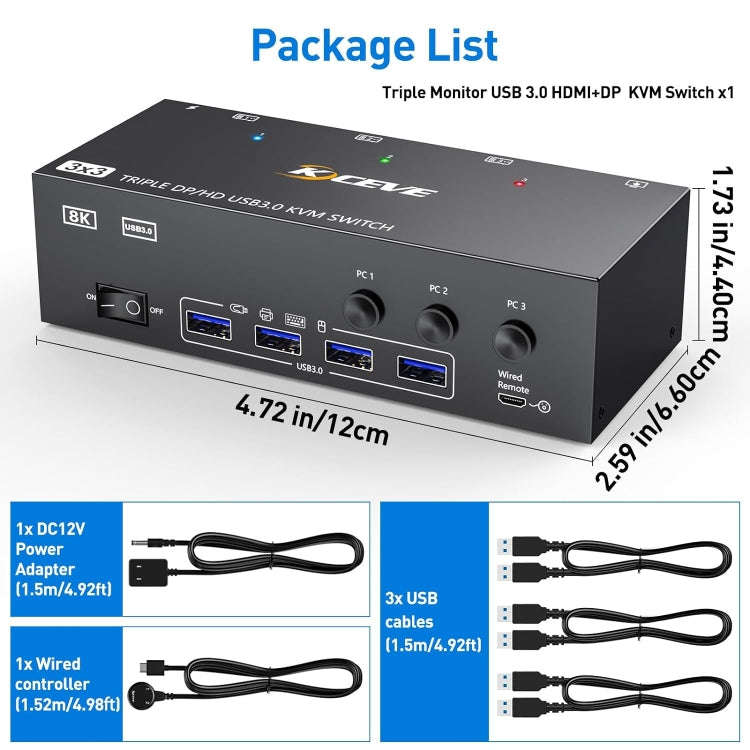 KC-KVM303DH 8K 60Hz USB3.0 DP+DP+HDMI Triple Monitors KVM Switch(EU Plug)
