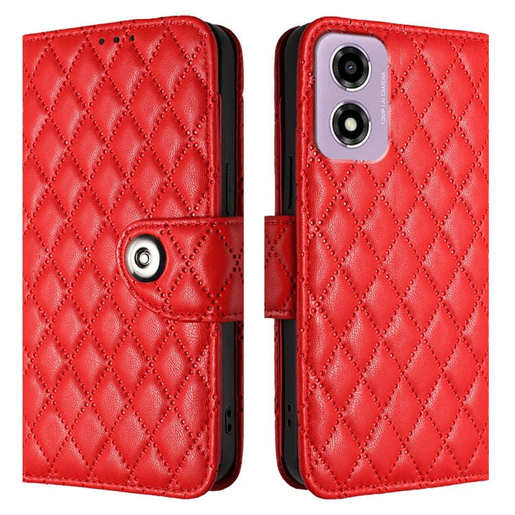 For Motorola Moto E14 Rhombic Texture Flip Leather Phone Case with Lanyard(Red)