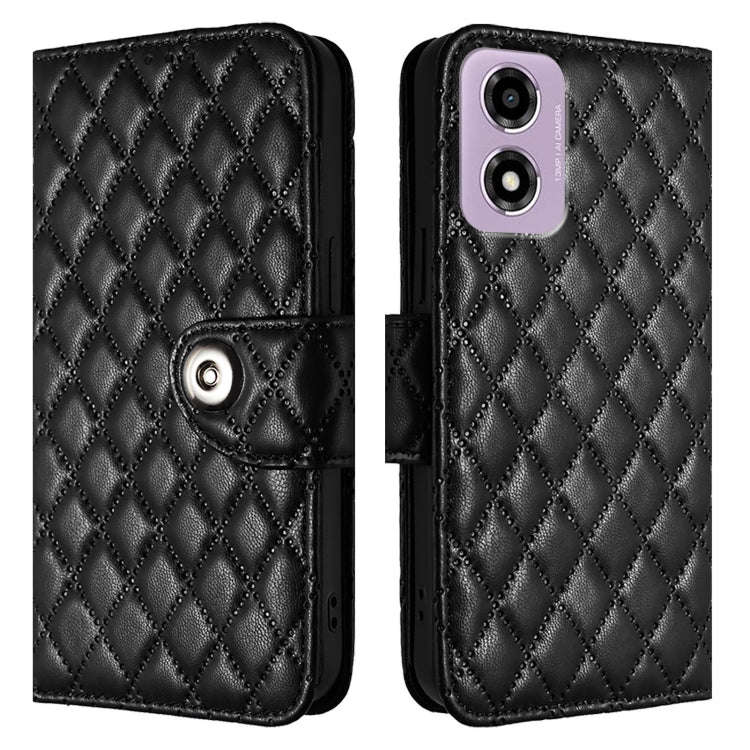 For Motorola Moto E14 Rhombic Texture Flip Leather Phone Case with Lanyard(Black)