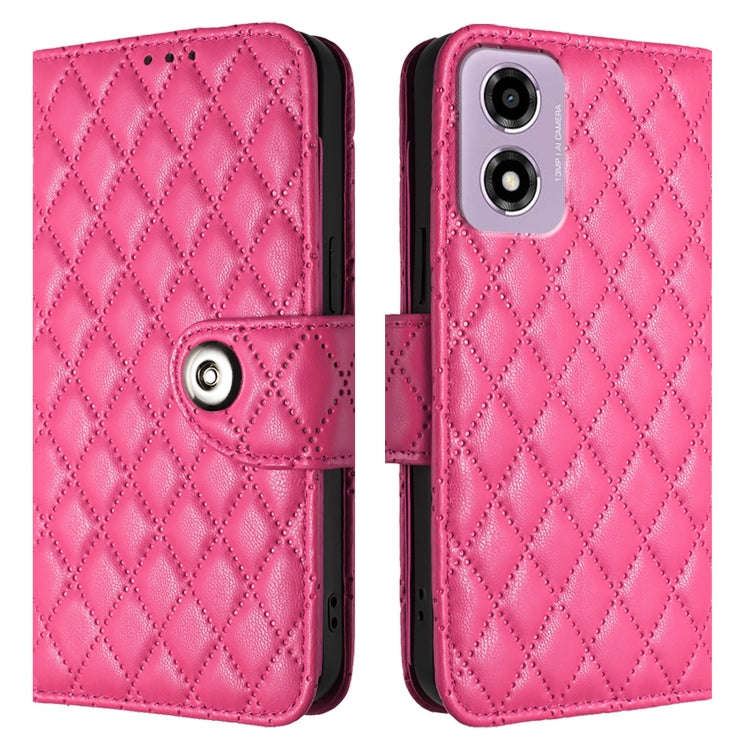 For Motorola Moto E14 Rhombic Texture Flip Leather Phone Case with Lanyard(Rose Red)