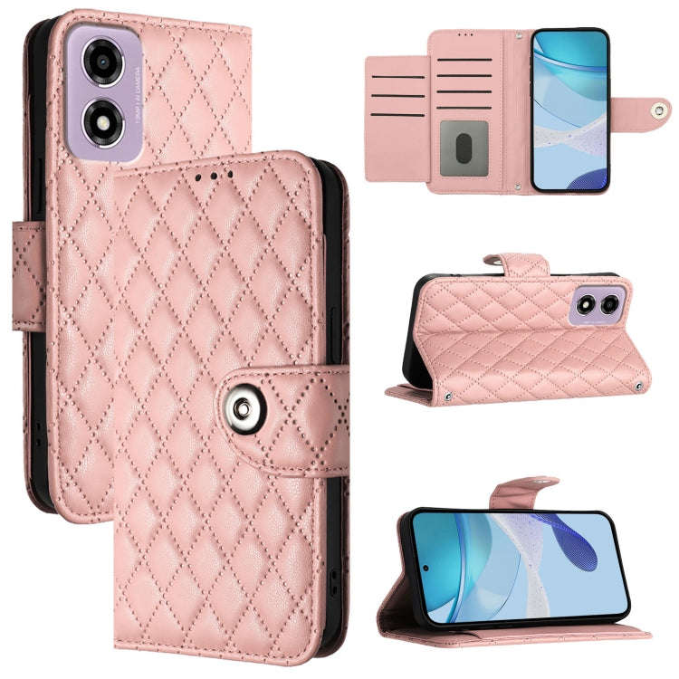For Motorola Moto E14 Rhombic Texture Flip Leather Phone Case with Lanyard(Coral Pink)