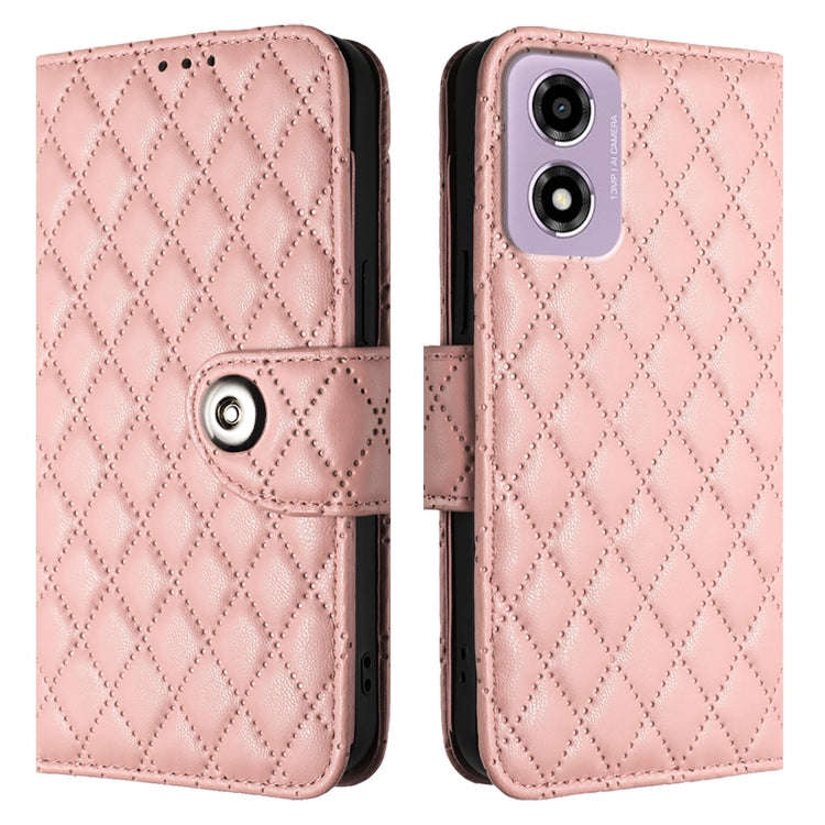 For Motorola Moto E14 Rhombic Texture Flip Leather Phone Case with Lanyard(Coral Pink)