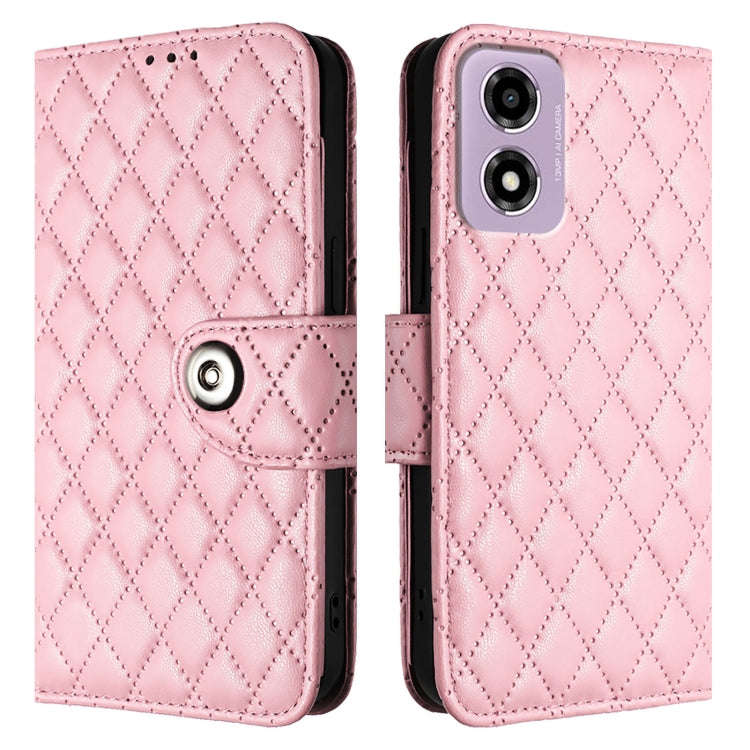 For Motorola Moto E14 Rhombic Texture Flip Leather Phone Case with Lanyard(Pink)