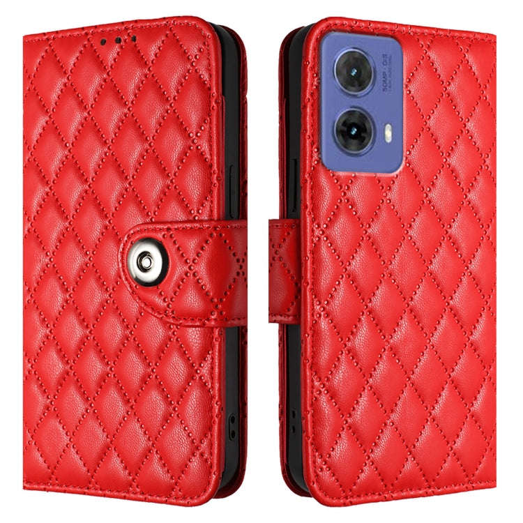 For Motorola Moto G85 Rhombic Texture Flip Leather Phone Case with Lanyard(Red)