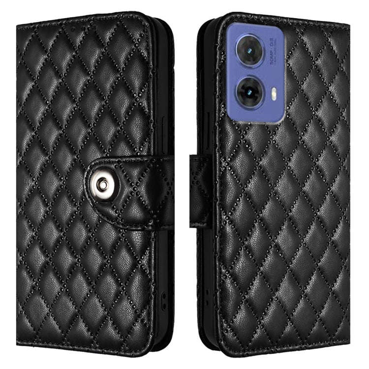 For Motorola Moto G85 Rhombic Texture Flip Leather Phone Case with Lanyard(Black)