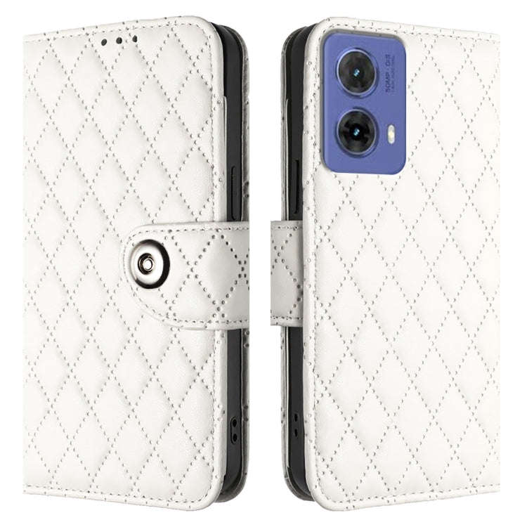For Motorola Moto G85 Rhombic Texture Flip Leather Phone Case with Lanyard(White)