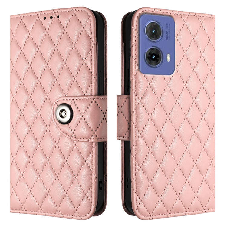 For Motorola Moto G85 Rhombic Texture Flip Leather Phone Case with Lanyard(Coral Pink)