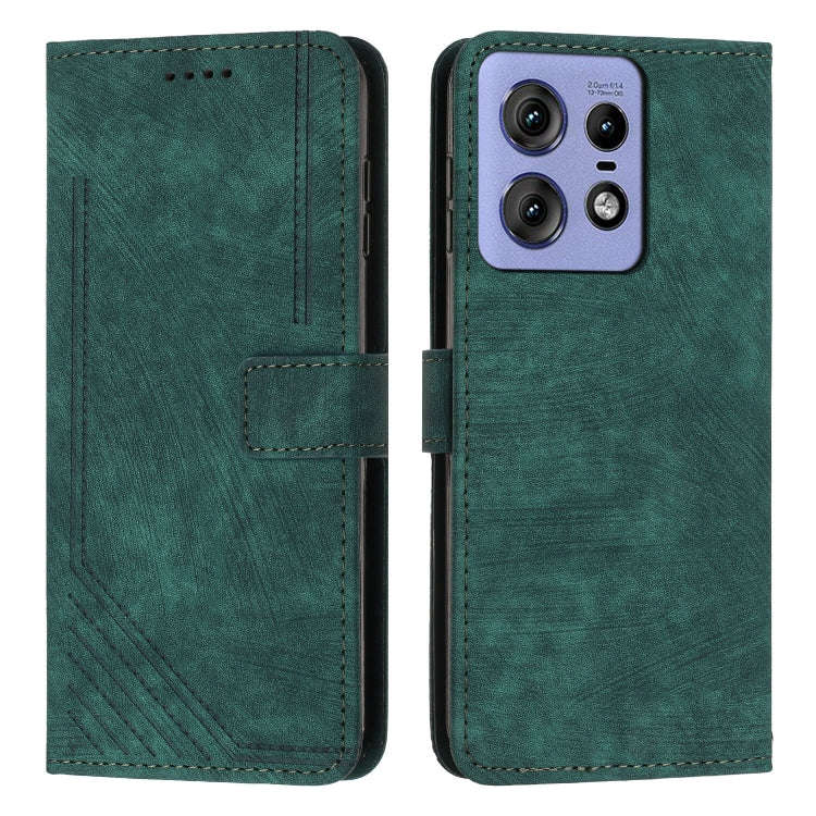 For Motorola Edge 50 Pro Skin Feel Stripe Pattern Leather Phone Case with Long Lanyard(Green)