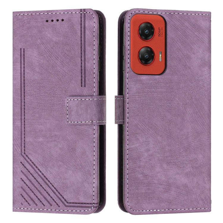 For Motorola Moto G Stylus 5G 2024 Skin Feel Stripe Pattern Leather Phone Case with Long Lanyard(...