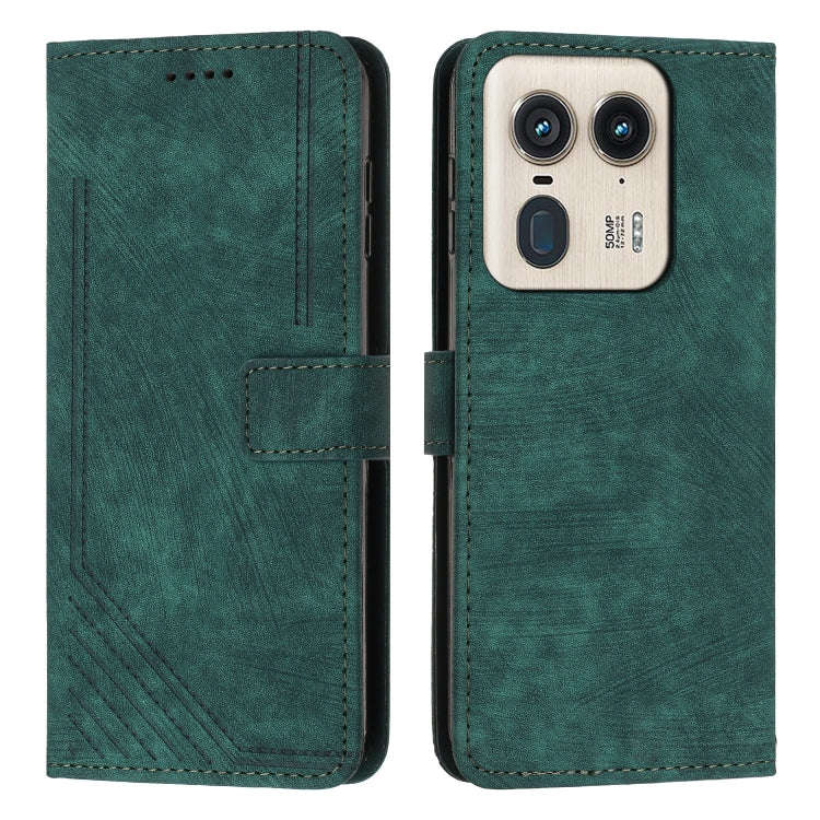 For Motorola Moto X50 Ultra Skin Feel Stripe Pattern Leather Phone Case with Long Lanyard(Green)