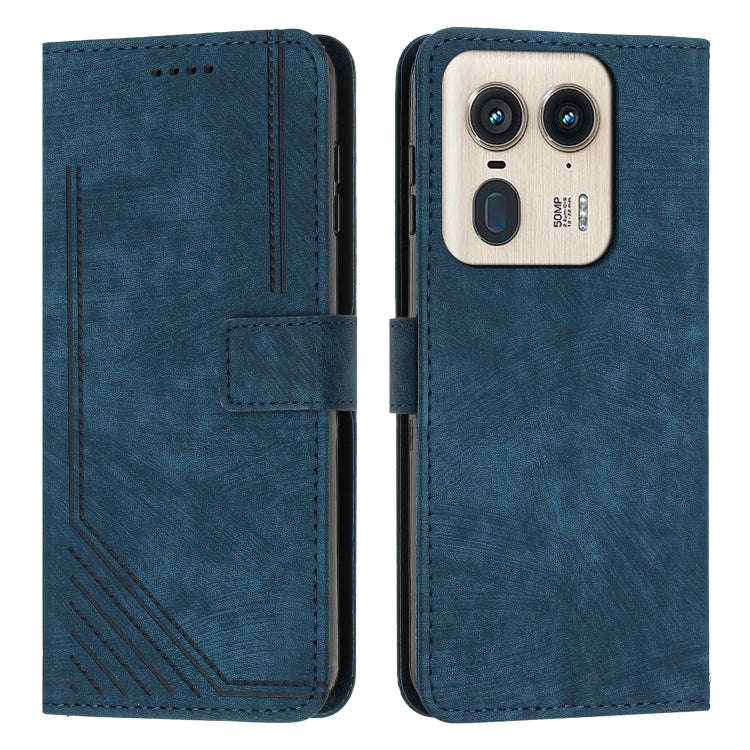 For Motorola Moto X50 Ultra Skin Feel Stripe Pattern Leather Phone Case with Long Lanyard(Blue)