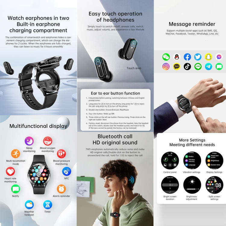 X10 Headphones Smart Watch 1.39 inch Waterproof Bracelet, Support Bluetooth Call / NFC / Heart Ra...