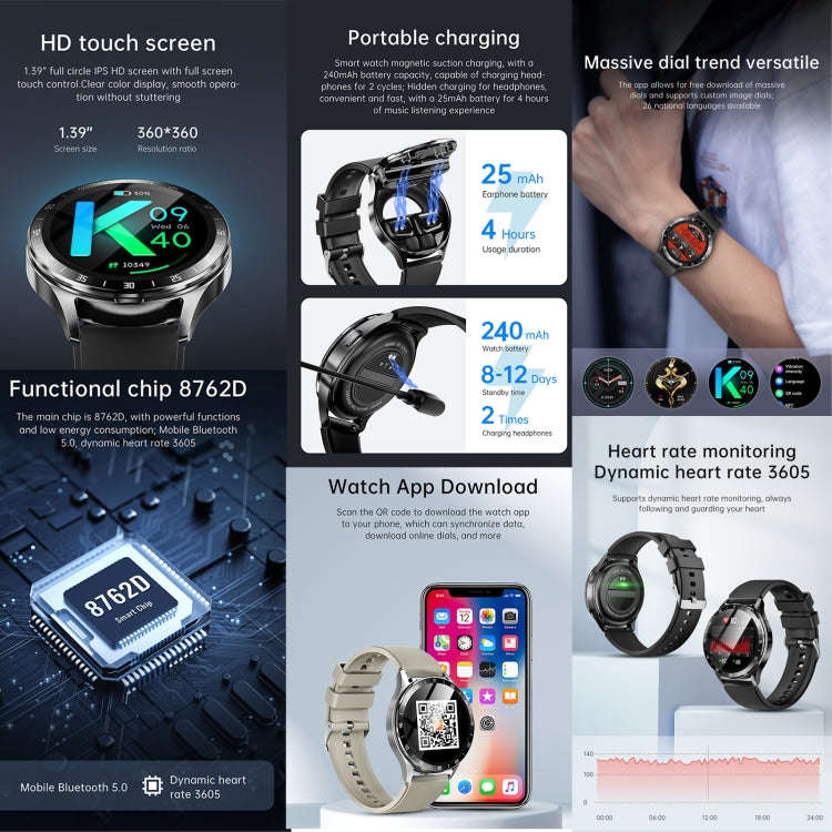 X10 Headphones Smart Watch 1.39 inch Waterproof Bracelet, Support Bluetooth Call / NFC / Heart Ra...