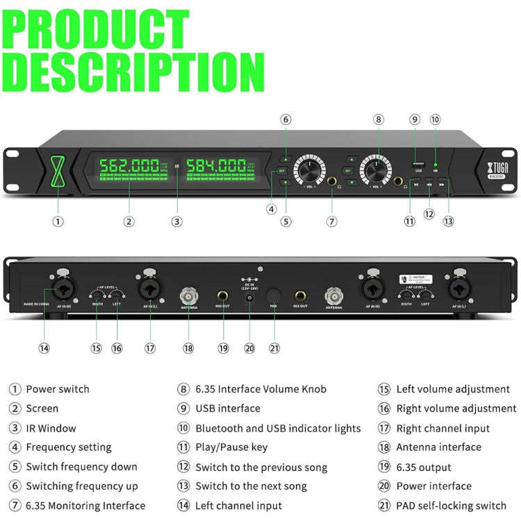 XTUGA RW2090 Professional Stage Wireless 2 Channel In Ear Monitoring System 2 in 1(US Plug)