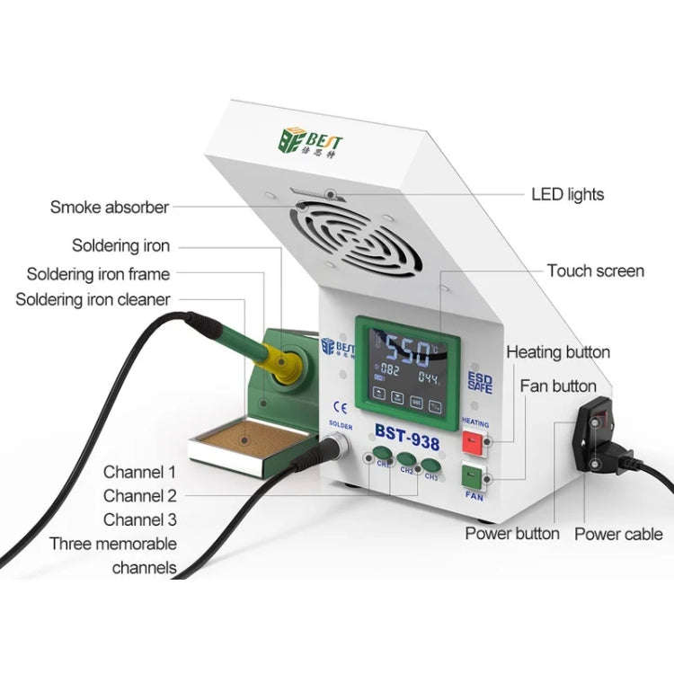 BEST BST-938 LED Electric Iron Smoking Instrument Smoke Purifier Soldering Station with Exhaust F...