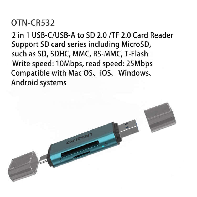 Onten CR532 2 in 1 USB-A / USB-C to SD2.0 / TF2.0 USB Card Reader(Pine Green)