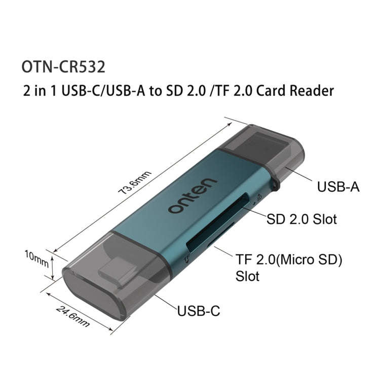 Onten CR532 2 in 1 USB-A / USB-C to SD2.0 / TF2.0 USB Card Reader(Pine Green)