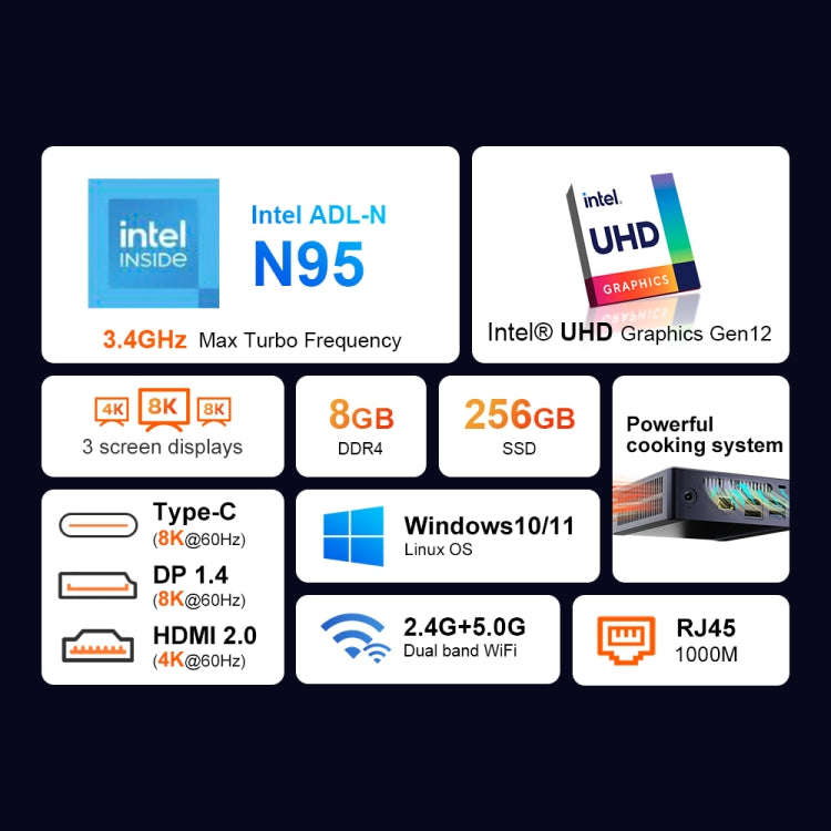 Ninkear N9 Windows 11 Mini PC, 8GB+256GB, Intel Alder Lake N95, Support 3 Screen Display(US Plug)