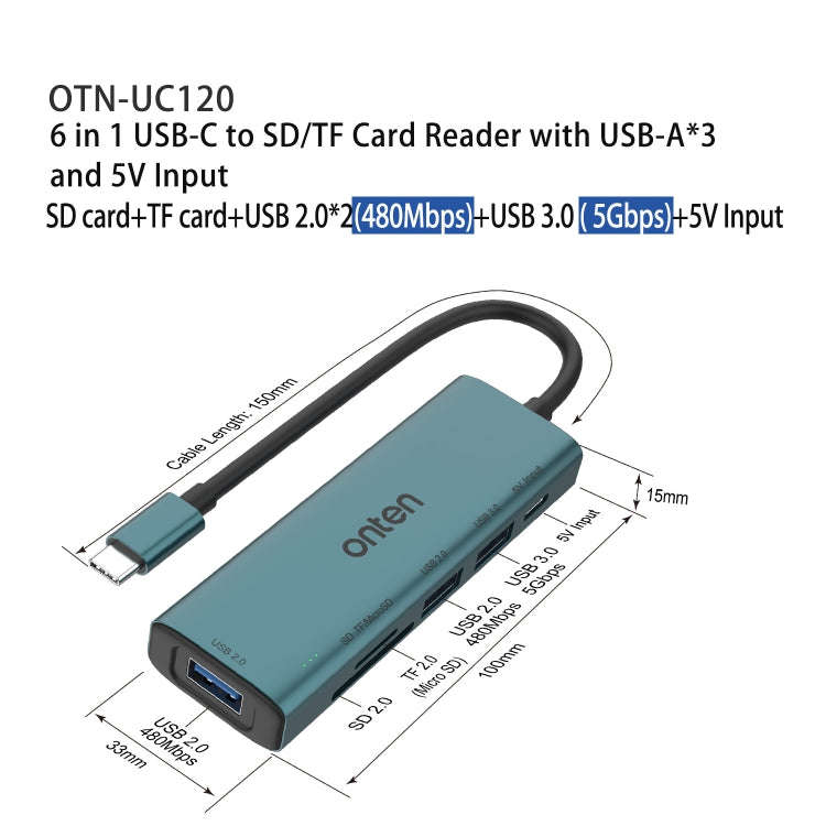 Onten UC120 6 in 1 USB-C to SD / TF Card Reader with 3-Ports USB HUB & 5V Input
