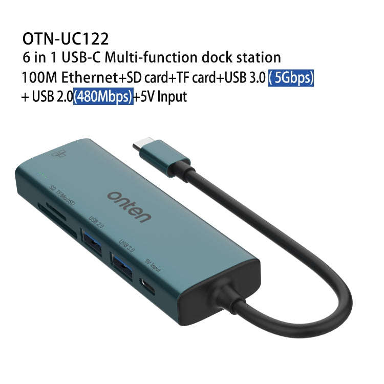 Onten UC122 6 in 1 USB-C / Type-C to SD + TF Card + USB 3.0 HUB with 5V Input & 100Mbps Network Card