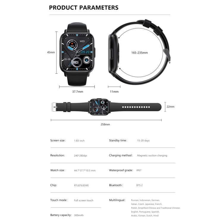 DM60+ 1.83 inch BT5.2 Smart Sport Watch, Support Bluetooth Call / Sleep / Blood Sugar / Blood Oxy...