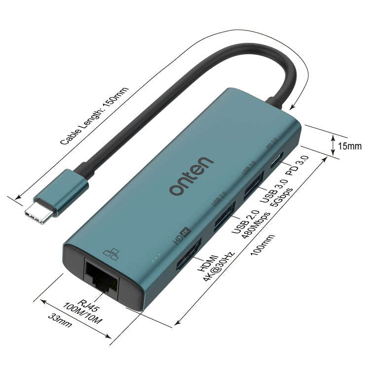 Onten UC125 5 in 1 USB-C / Type-C to HDMI+USB3.0+PD3.0 Multi-function HUB with 100Mbps Network Card