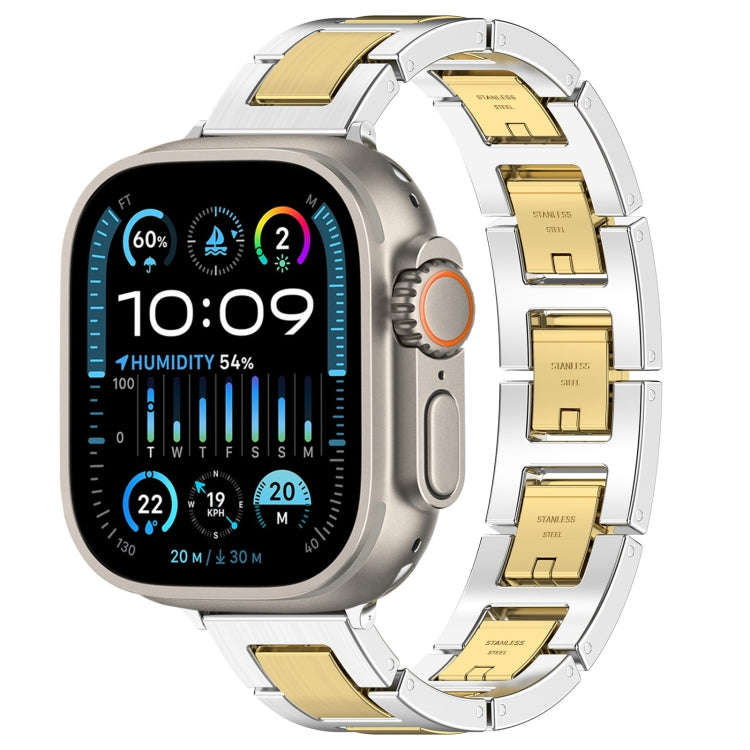 For Apple Watch Ultra 49mm H Slim Stainless Steel Watch Band(Silver Gold)