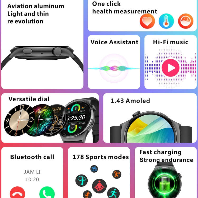QX10 1.43 inch BT5.2 Smart Sport Watch, Support Sleep / Heart Rate / Blood Oxygen / Blood Pressur...