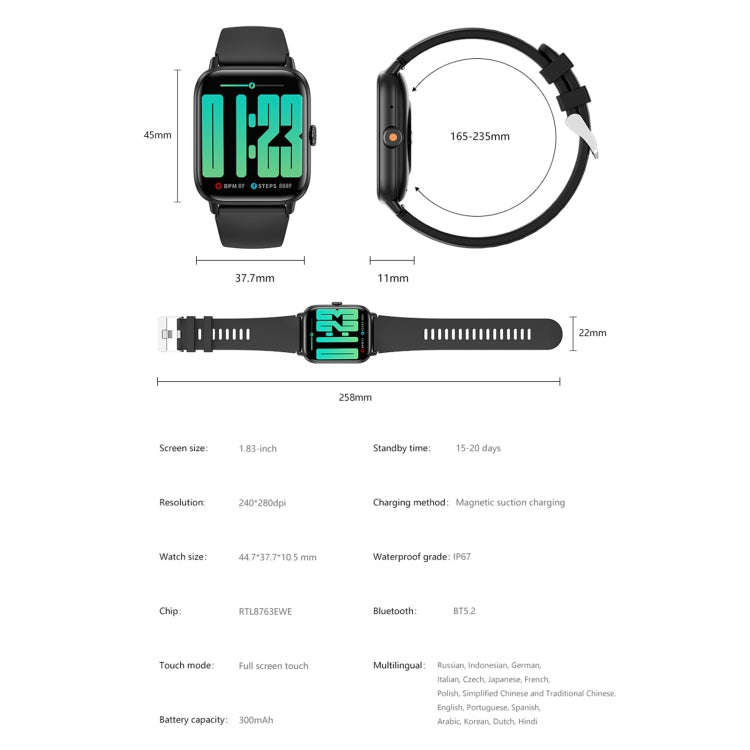QS13 1.83 inch BT5.2 Smart Sport Watch, Support Bluetooth Call / Sleep / Blood Sugar / Blood Oxyg...