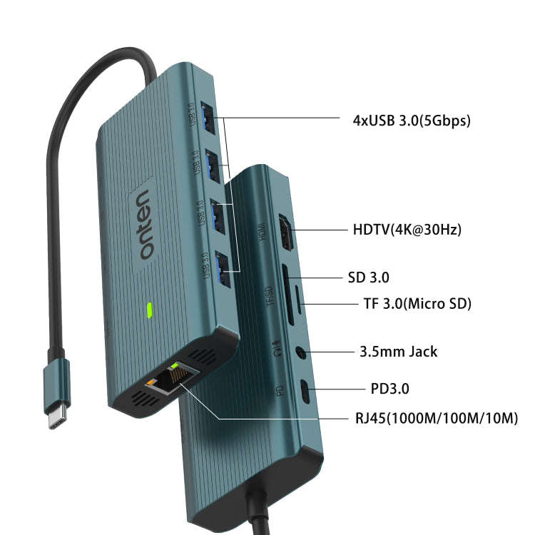 Onten UC962 10 in 1 USB-C / Type-C Multi-function HUB Docking Station(Green)
