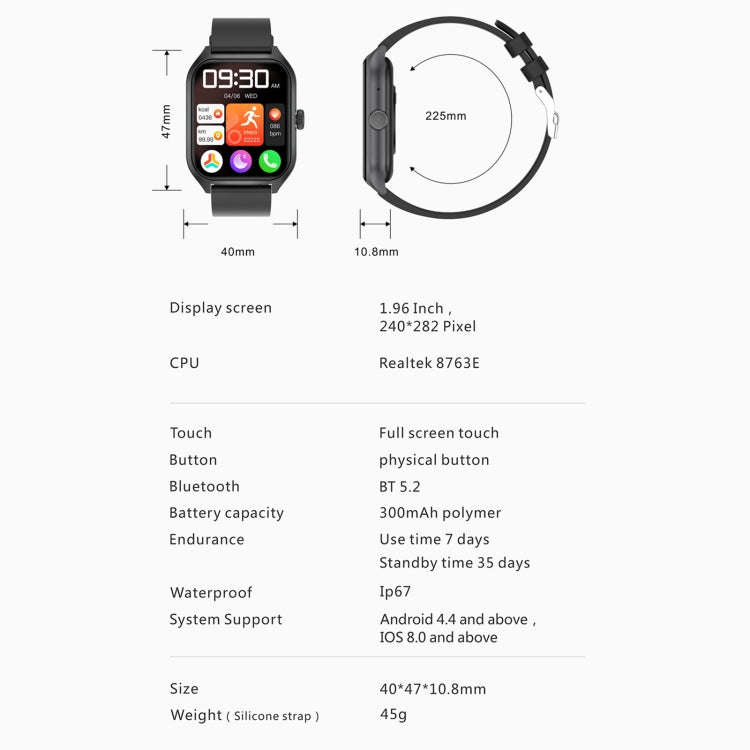 Qx5 1.96 inch BT5.2 Smart Sport Watch, Support Bluetooth Call / Sleep / Blood Oxygen / Temperatur...